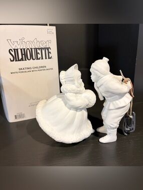Department 56 Winter Silhouette Skating Children White Porcelain Pewter Skates